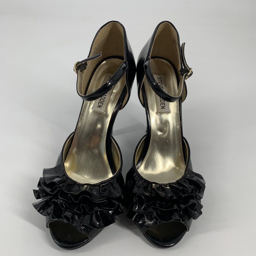 Steve Madden Talisa Ruffle Peep Toe High Heels Size 7.5 Womens Black Sexy Pin-Up - Picture 2 of 9